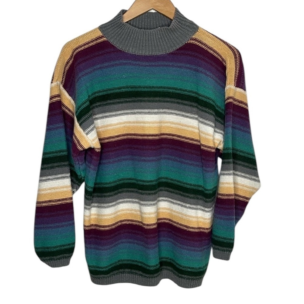 Vintage 90s Coach + Camel Ramie Striped Mock Neck Sweater Women Size M